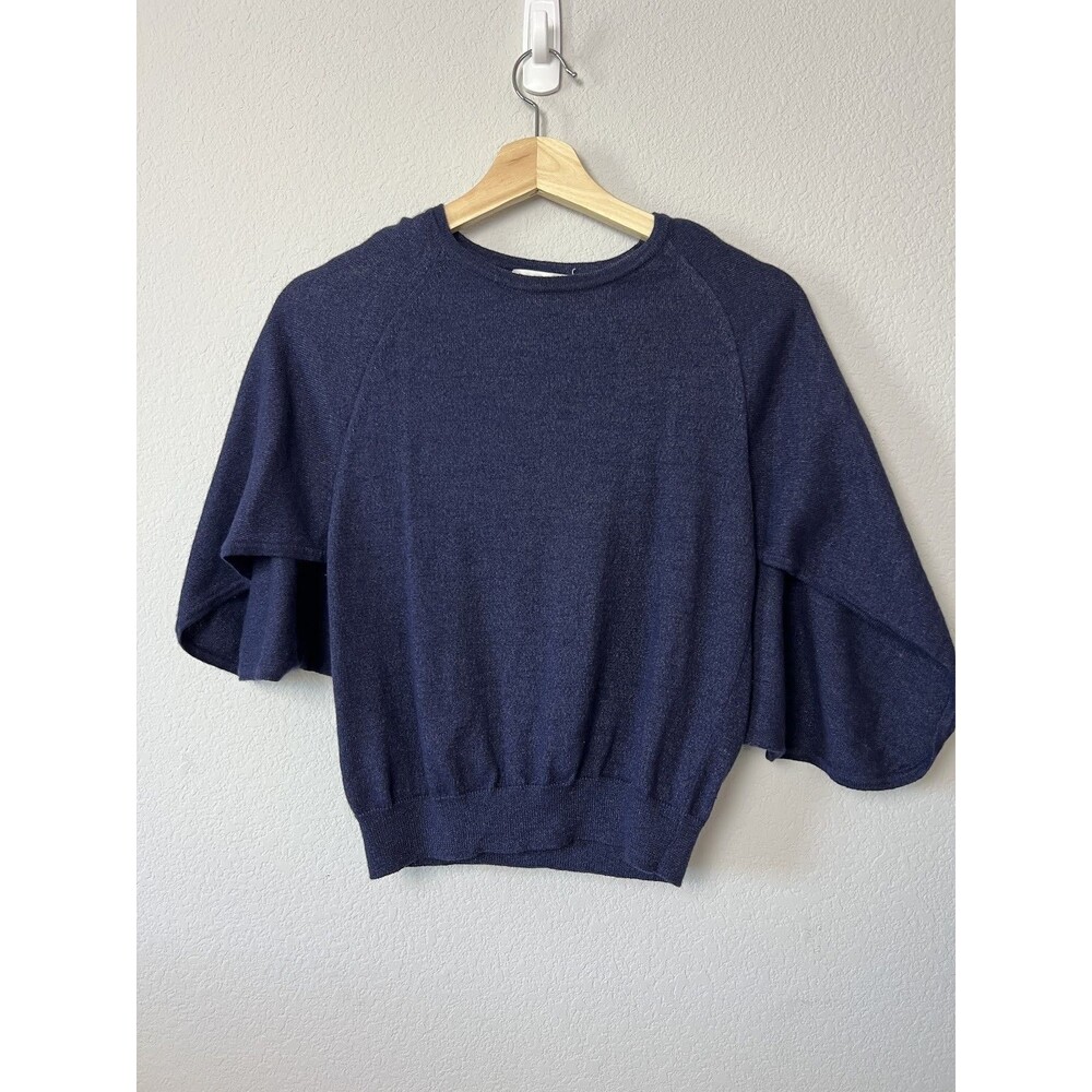 Kumikyoku Blue Knit Top Size 2 M Short Sleeve Cape Flare Wool Cashmere Blend